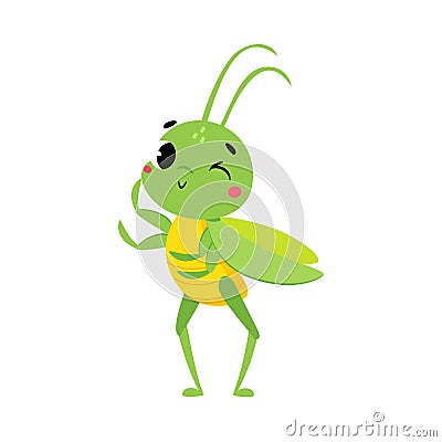 Cute Green Grasshopper Character Winking Vector Illustration Stock Photo