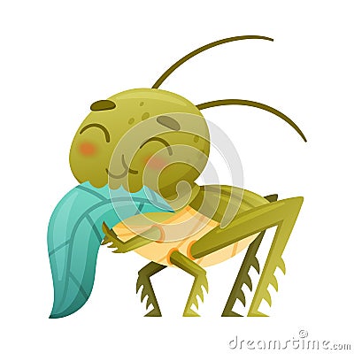 Cute green grasshopper eating green leaf. Funny baby insect mascot cartoon character vector illustration Vector Illustration