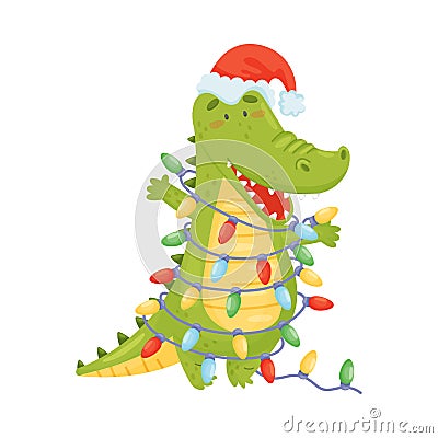 Cute green humanized crocodile is wrapped in a garland. Vector illustration on a white background. Vector Illustration