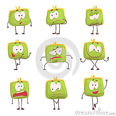 Cute green humanized purse with funny faces set of colorful characters vector Illustrations Vector Illustration