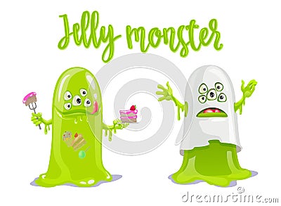 Cute green Jelly Monster with cake and candies and like scary ghost. Vector Illustration