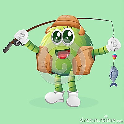 Cute green monster fishing Vector Illustration