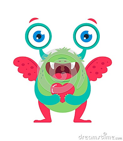 Cute green monster with a heart Vector Illustration