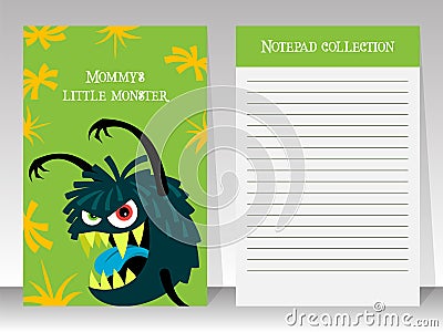 Cute green notebook template with monster Vector Illustration