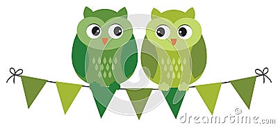 Cute Green Owls Sitting on Bunting . Vector St. Patrick Owls Vector Illustration