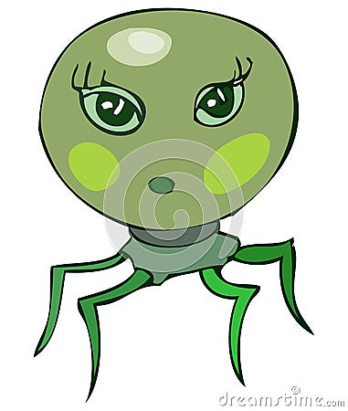 Cute Green Spider like Female Alien Head. Vector Illustration