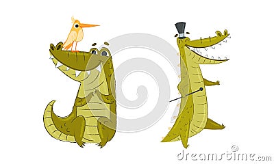 Cute Green Toothy Crocodile Character Walking in Top Hat with Cane and Sitting with Bird Vector Set Vector Illustration