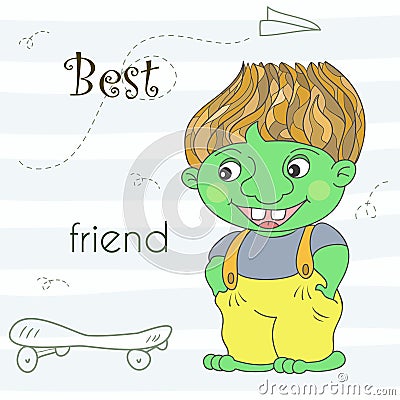 Cute green troll dragon in cartoon style. Sample comic illustration Cartoon Illustration