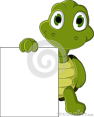 Cute green turtle cartoon holding blank sign Stock Photo