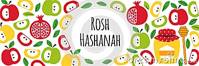Cute greeting banner background with symbols of Jewish New Year holiday Rosh Hashana, Shana Tova Vector Illustration