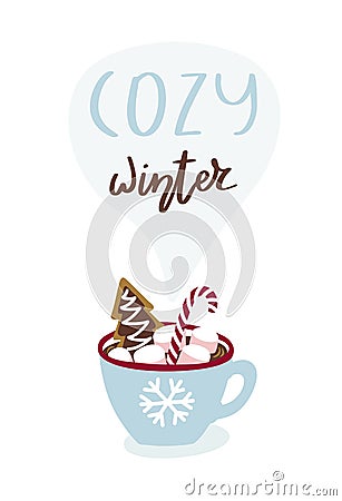 Cute greeting card with cup of hot chocolate and lettering Cozy winter. Vector Illustration