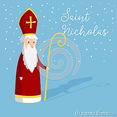 Cute greeting card with Saint Nicholas with mitre and pastoral staff. European winter tradition. Hand drawn design Vector Illustration
