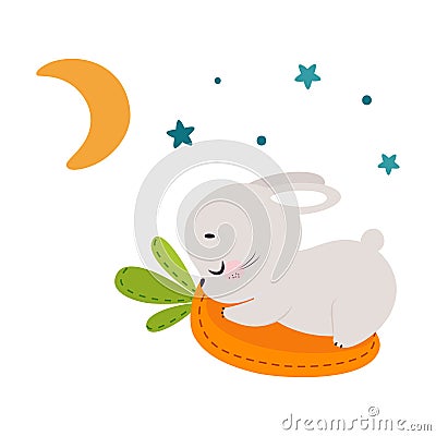 Cute Grey Bunny Character Sleeping on Carrot Pillow Vector Illustration Vector Illustration