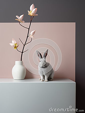 Cute grey bunny sitting near white vase with a branch of spring magnolia flowers. Elegant Easter greeting card. Generative AI Stock Photo