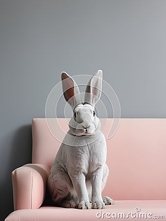 Cute grey bunny sitting on a pink sofa. Elegant Easter greeting card or poster. Muted pastel pink tones. Generative AI Stock Photo