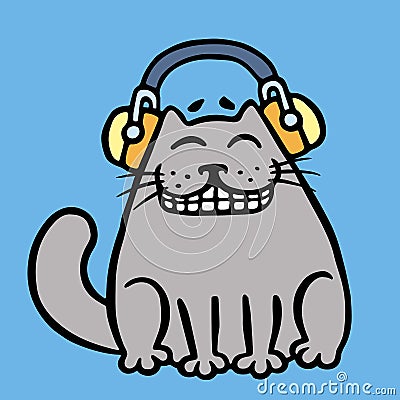 Cute grey cat in headphones. Vector illustration. Vector Illustration