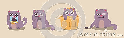 Cute Grey Fat Kitten Engaged in Different Activity Vector Set Vector Illustration