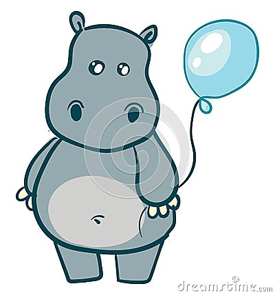 Cute grey hippo with blue balloon vector illustration Vector Illustration