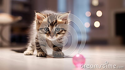 Cute grey tabby kitten playing with a pink ball on the floor. Playful cat in the house. Pet indoors. AI Generated Stock Photo