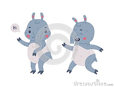 Cute Grey Tapir Animal with Proboscis Running and Saying Hi Vector Set Vector Illustration