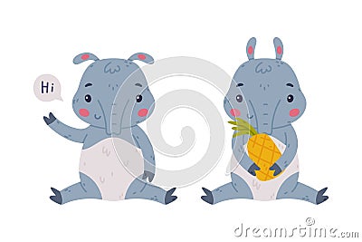 Cute Grey Tapir Animal with Proboscis Sitting with Pineapple and Greeting Vector Set Vector Illustration