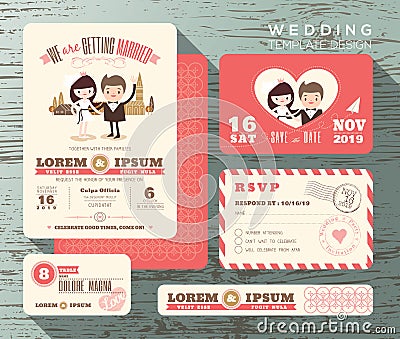 Cute groom and bride couple wedding invitation set design Template Vector Illustration