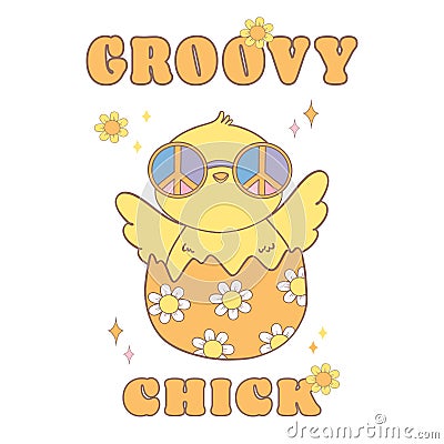 Cute Groovy Easter Chick in broken egg, Playful cartoon doodle animal character hand drawing Vector Illustration