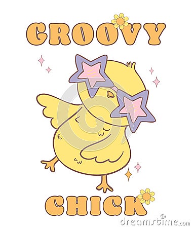 Cute Groovy Easter Chick wears star glasses. Playful cartoon doodle animal character hand drawing Vector Illustration