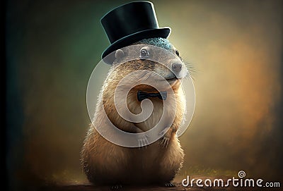 Cute Groundhog Wearing Top Hat Knows a Secret - Generative AI Stock Photo