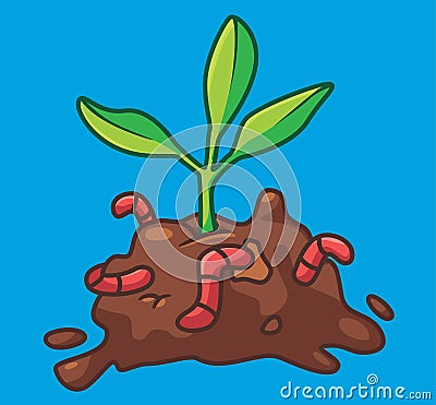 cute growing plant with earthworm. isolated cartoon animal illustration. Flat Style Sticker Icon Design Premium Logo vector. Vector Illustration