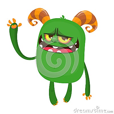 Cute and grumpy cartoon monster waving. Vector illustration of green monster. Vector Illustration