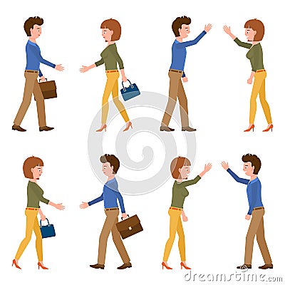 Cute guy and lady hands shaking, giving high five, clapping vector illustration. Meeting, negotiation, teamwork cartoon character Vector Illustration