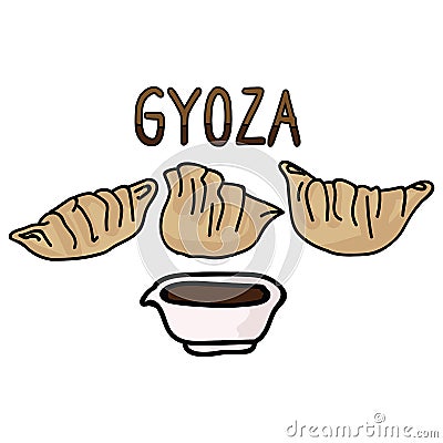 Cute gyoza meal with soy sauce typography. Hand drawn asian dumpling snack clipart Stock Photo