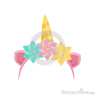 Cute hair hoop with pink ears, unicorn`s horn and colorful flowers. Bright head accessory. Flat vector icon Vector Illustration