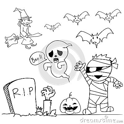Cute Halloweeen doodle mummy ghost witch Vector Illustration