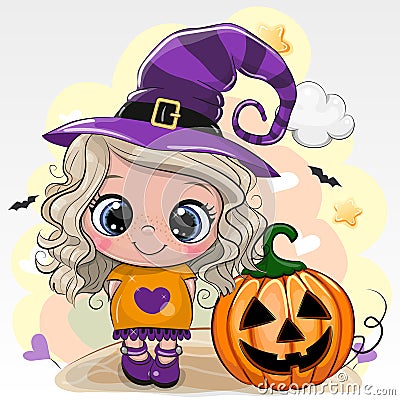 Halloween card with girl in a hat of witch on a yellow background Vector Illustration