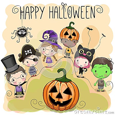 Cute Halloween illustration with kids Vector Illustration