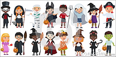 Cute Halloween little kids set vector illustration. Vector Illustration