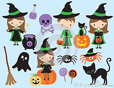 Cute Halloween little Witch and Wizard Vector Vector Illustration