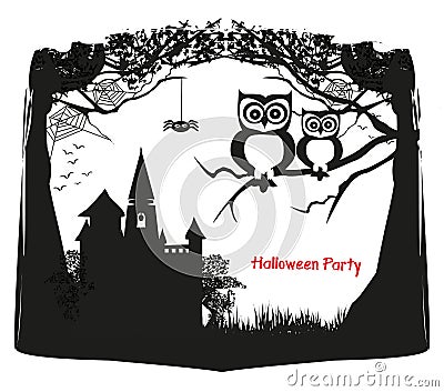 Cute Halloween owls - black and white frame Vector Illustration