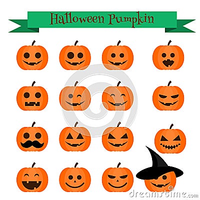 Cute halloween pumpkin emoji icons set. Emoticons, stickers, design elemets Vector Illustration