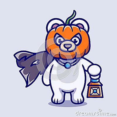 cute halloween pumpkin head polar bear illustration carrying a lantern Vector Illustration