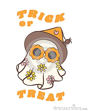 Cute Halloween retro ghost with daisy flowers glasses cartoon doodles. Trick or treat Vector Illustration