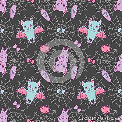 Cute Halloween seamless pattern with violet and blue cartoon bats, spiderwebs, ribbons, pumpkins and eyeballs Stock Photo