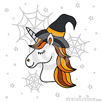 Cute halloween unicorn portrait with witch hat, spiderwebs and stars Vector Illustration