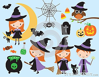 Cute Halloween Witch and Wizard Vector Vector Illustration