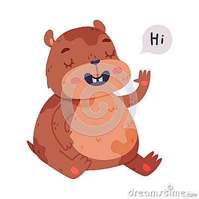 Cute Hamster Character with Stout Body Sitting and Saying Hi Vector Illustration Vector Illustration