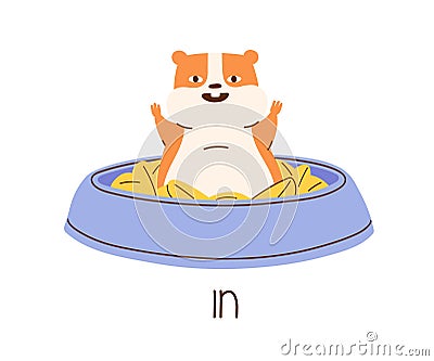Cute hamster demonstrating English preposition of place by sitting in bowl with food. Funny animal and inscription Cartoon Illustration