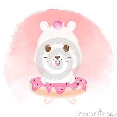 Cute hamster with donut hand drawn cartoon watercolor style illustration Vector Illustration