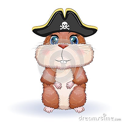 Cute hamster pirate, in a cocked hat, summer and sea concept, cartoon characters of hamsters, funny animal Vector Illustration